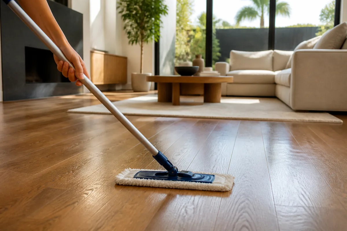 Cleaning and maintaining hardwood floors in a bright Los Angeles living room