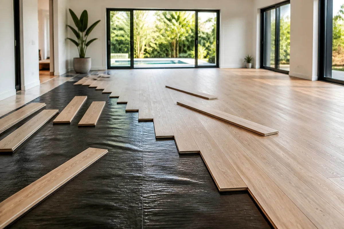 Hardwood flooring installed over a concrete slab foundation