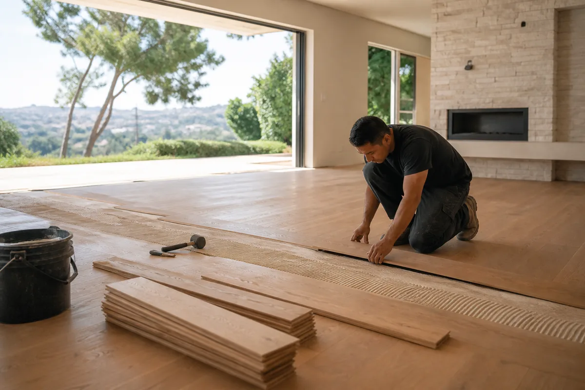 Hardwood floor installation in progress