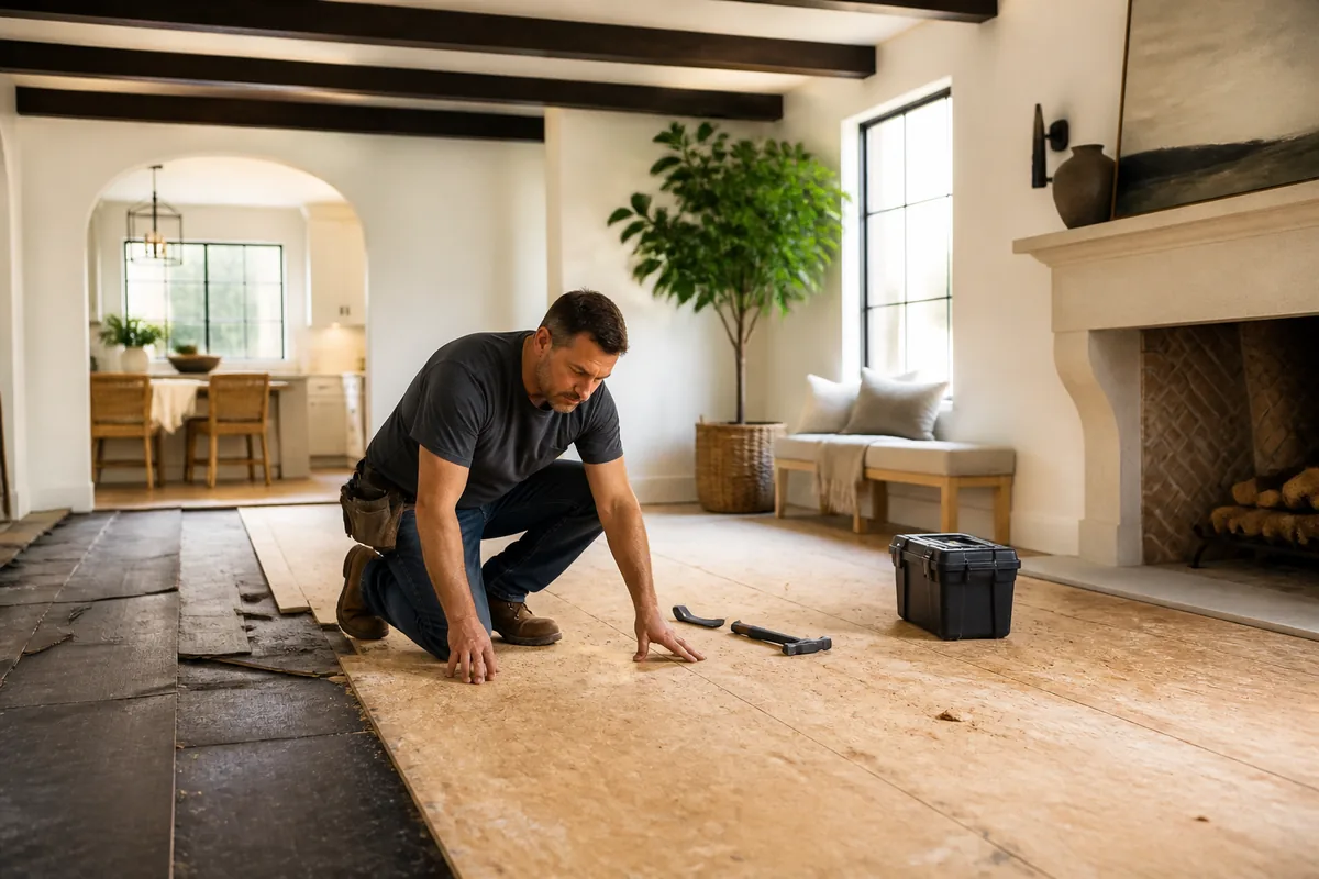 Inspecting a subfloor for repair before new flooring installation
